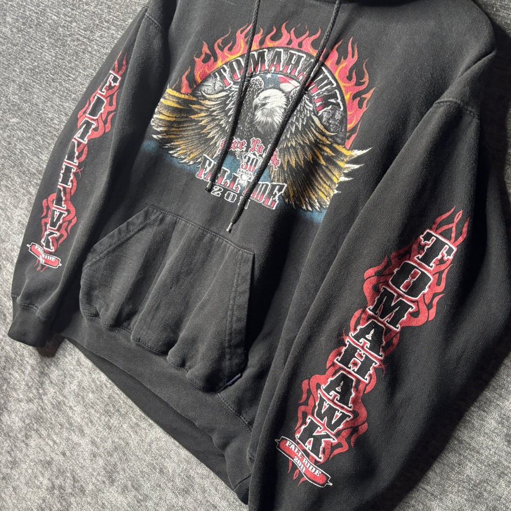 Pacific & Co Tomahawk Fall Ride 2011 Biker Hoodie Black Eagle Flames Mens Small - Picture 3 of 9